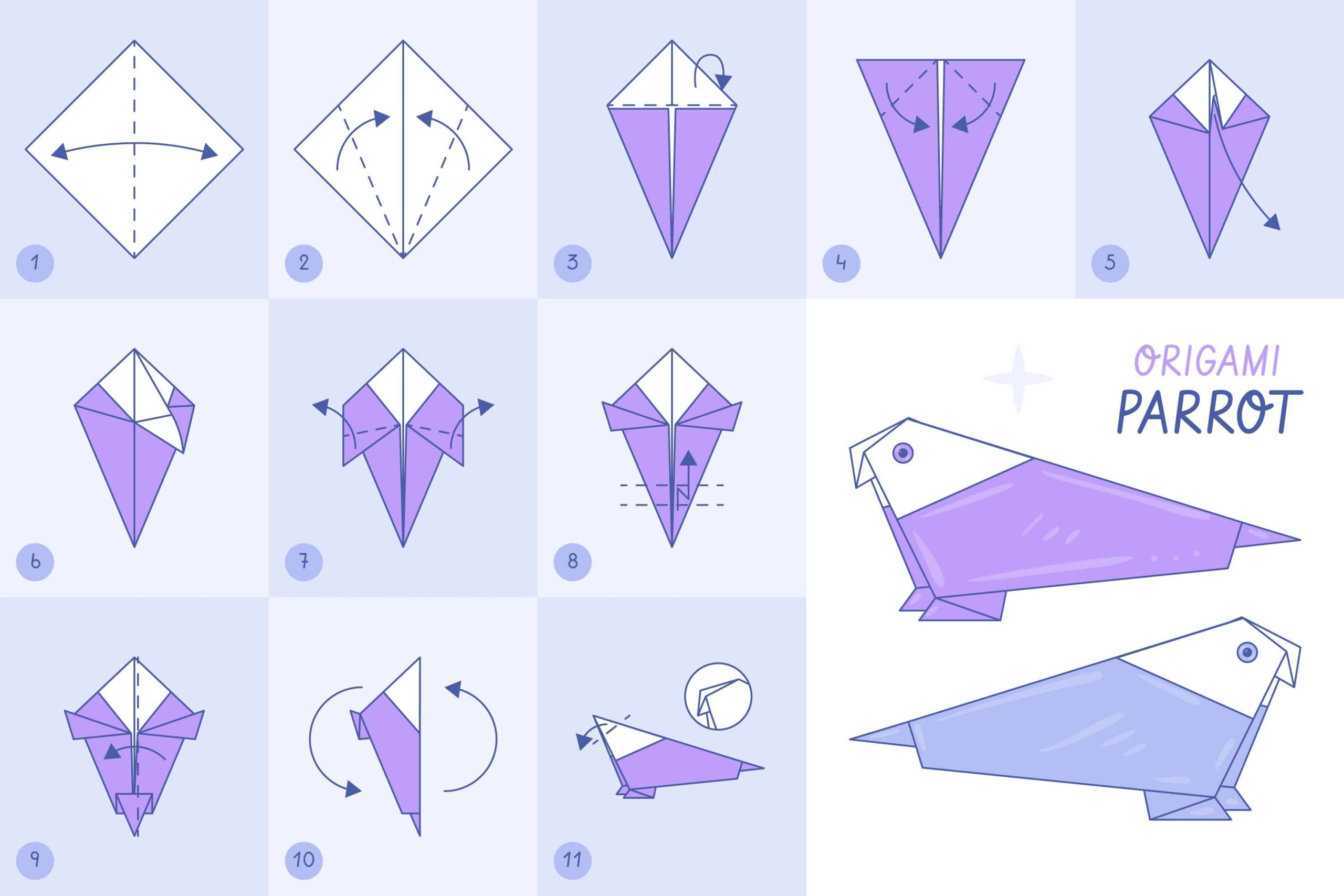 Instructiuni pentru realizarea unui papagal de origami